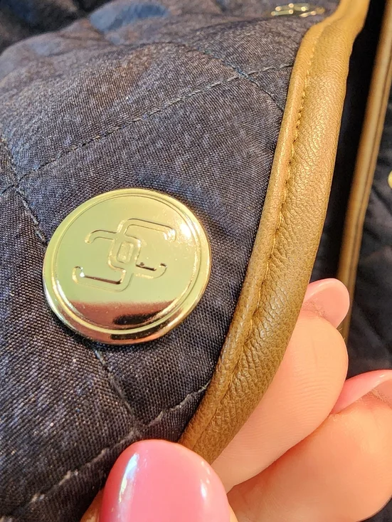 Chico's Size 2 12/14 Quilted Navy Barn Jacket with Brown LeatherTrim - Picture 3 of 10